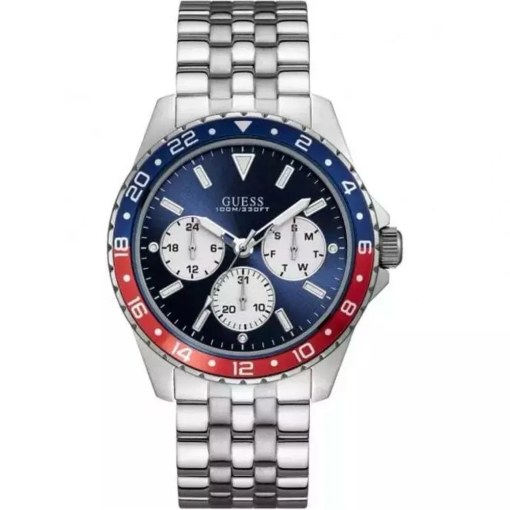 Guess Waterpro Men's Silver Tone Multifunction Watch U1107G2 Red Blue